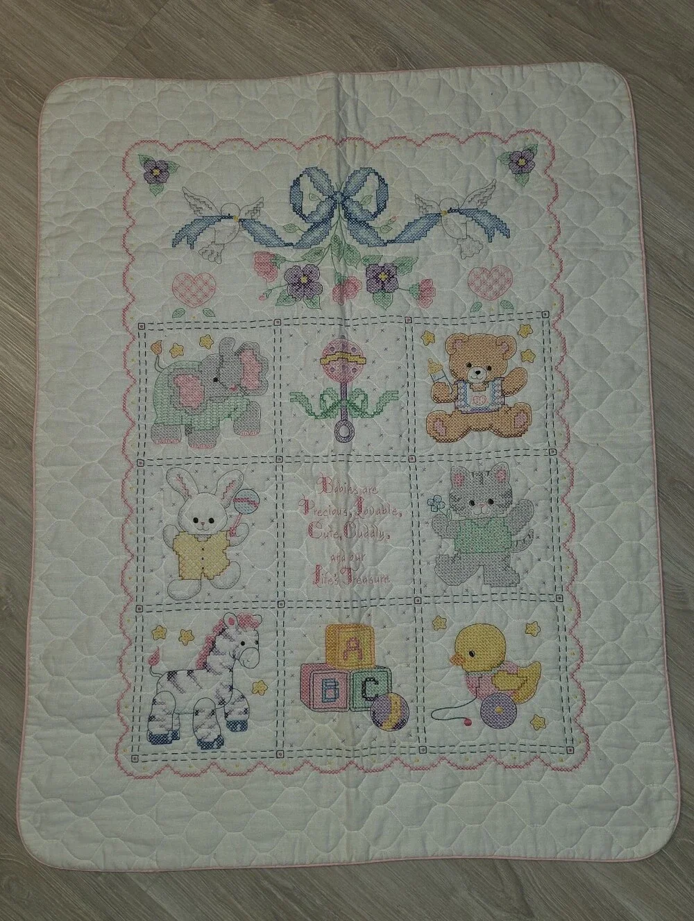 2009 Completed Bucilla Plaid Babies Are Precious Cross Stitch Baby Blanket
